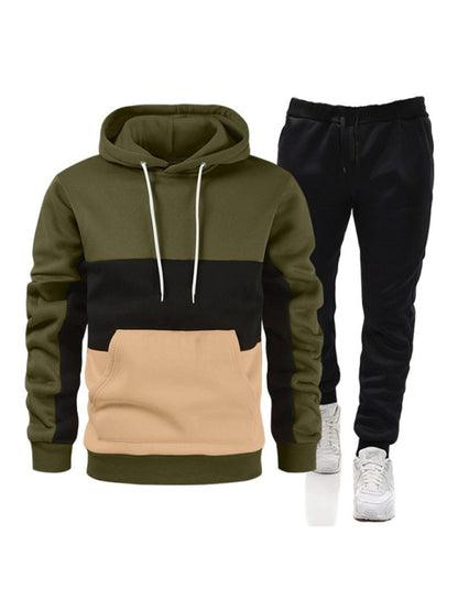 Spliced Color Block Men's Hoodie Sweatshirt & Sweatpant Set