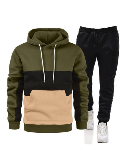 Spliced Color Block Men's Hoodie Sweatshirt & Sweatpant Set