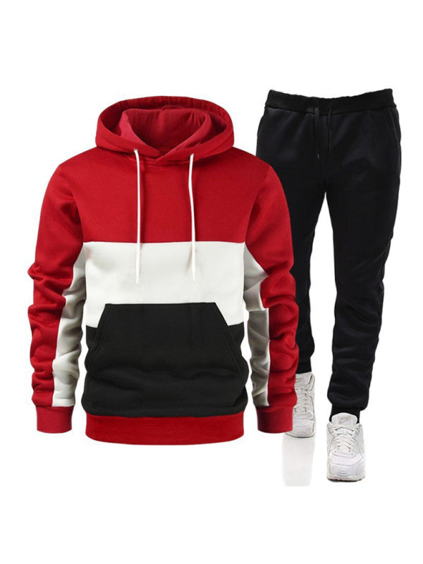 Spliced Color Block Men's Hoodie Sweatshirt & Sweatpant Set