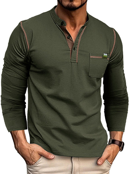 Men's Henley Color Block Knitted Long Sleeve T-Shirt