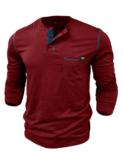 Men's Henley Color Block Knitted Long Sleeve T-Shirt