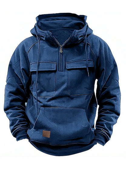 Men's Solid Color Sports Multi-pocket Hoodie Sweatshirt