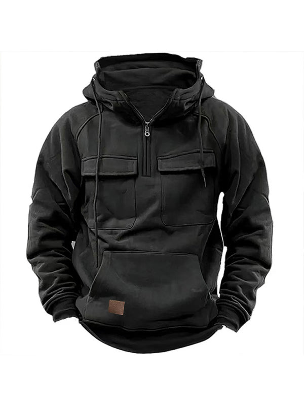 Men's Solid Color Sports Multi-pocket Hoodie Sweatshirt