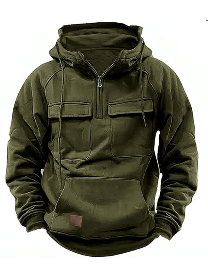 Men's Solid Color Sports Multi-pocket Hoodie Sweatshirt