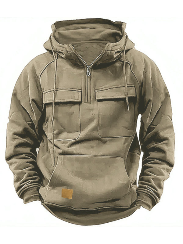 Men's Solid Color Sports Multi-pocket Hoodie Sweatshirt