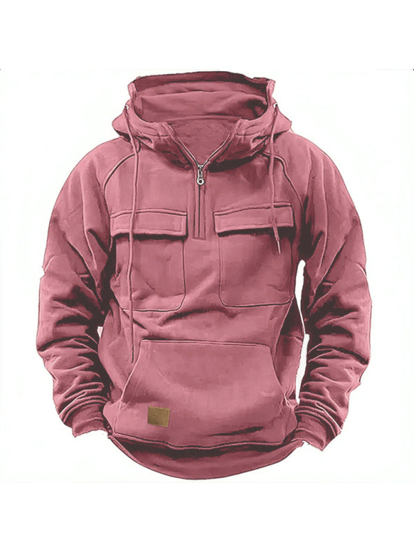 Men's Solid Color Sports Multi-pocket Hoodie Sweatshirt