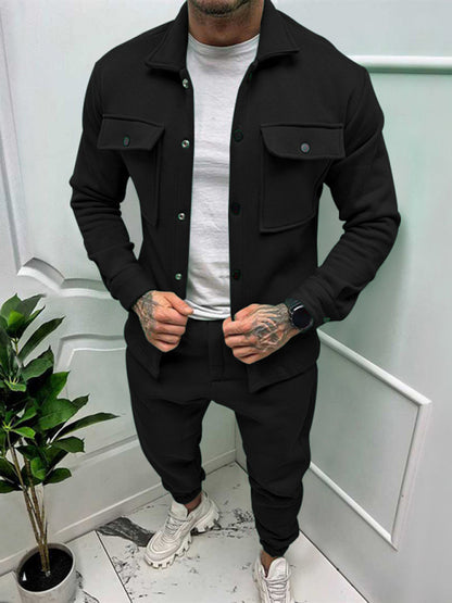 Men's Long-sleeved Single-breasted Jacket Solid Color Slim Two-piece Set