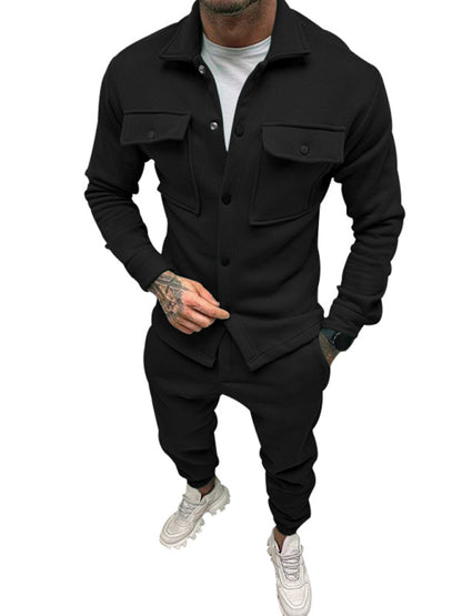 Men's Long-sleeved Single-breasted Jacket Solid Color Slim Two-piece Set