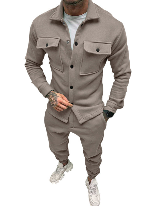 Men's Long-sleeved Single-breasted Jacket Solid Color Slim Two-piece Set