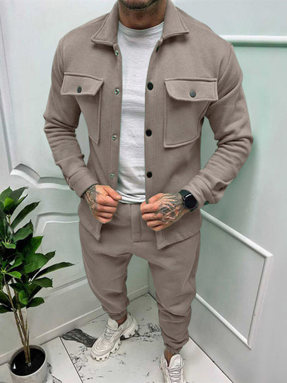 Men's Long-sleeved Single-breasted Jacket Solid Color Slim Two-piece Set