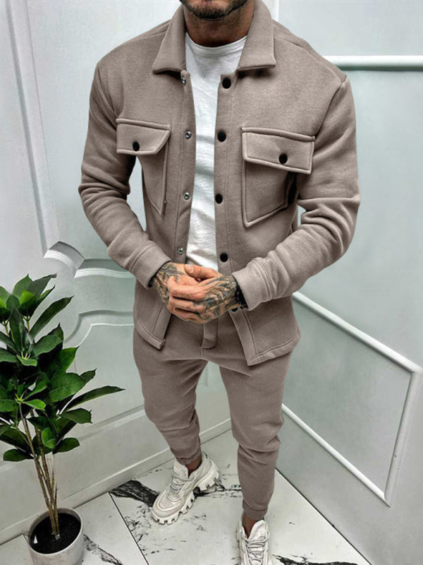 Men's Long-sleeved Single-breasted Jacket Solid Color Slim Two-piece Set