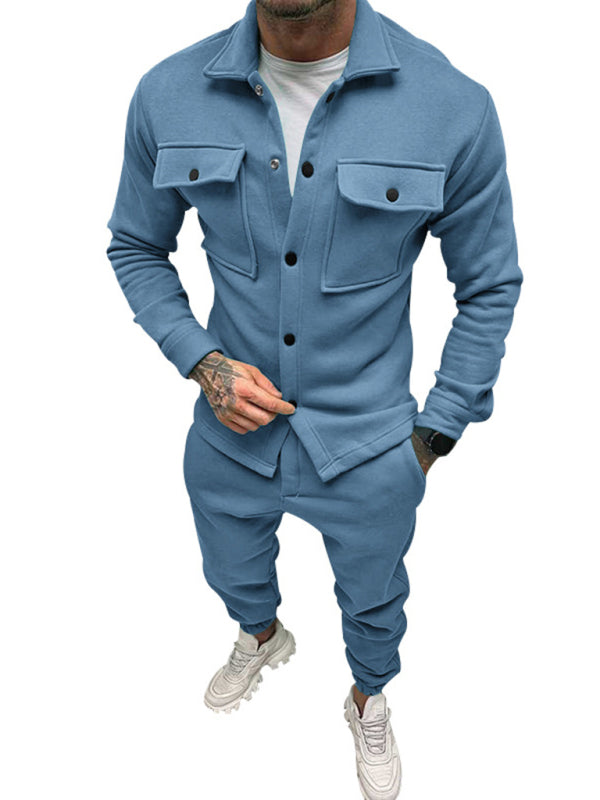 Men's Long-sleeved Single-breasted Jacket Solid Color Slim Two-piece Set