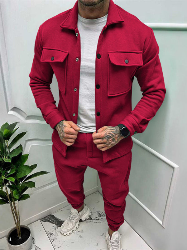 Men's Long-sleeved Single-breasted Jacket Solid Color Slim Two-piece Set