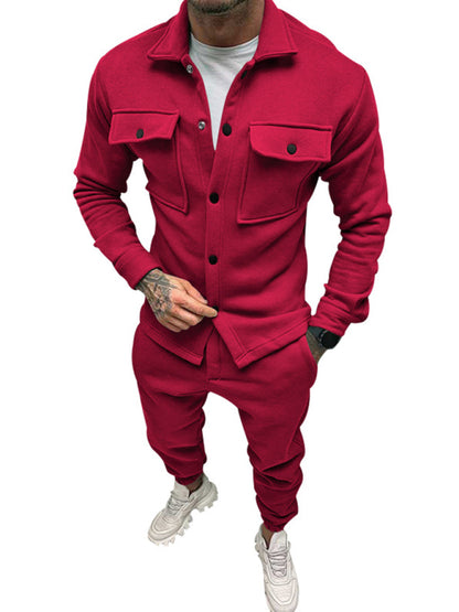 Men's Long-sleeved Single-breasted Jacket Solid Color Slim Two-piece Set