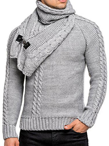 Men's Fashionable Scarf Pullover Solid Color Twist Knitted Sweater