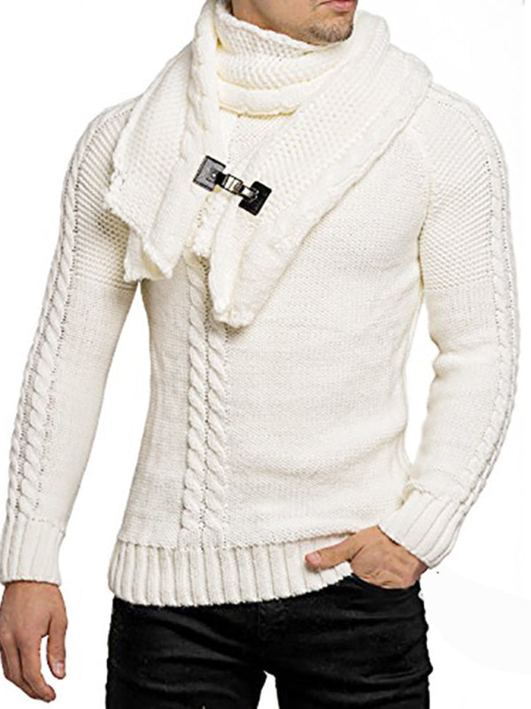 Men's Fashionable Scarf Pullover Solid Color Twist Knitted Sweater