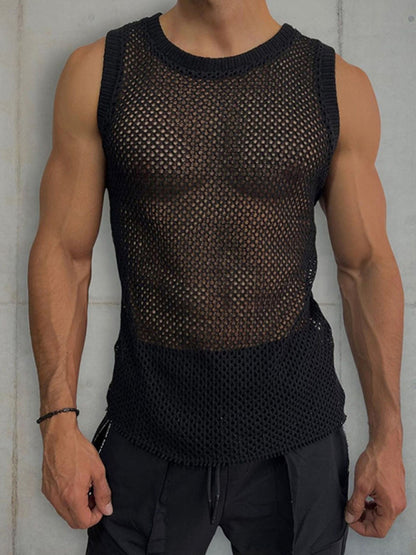 Men's Solid Color Round Neck Sleeveless Hollow Knitted Tank Top