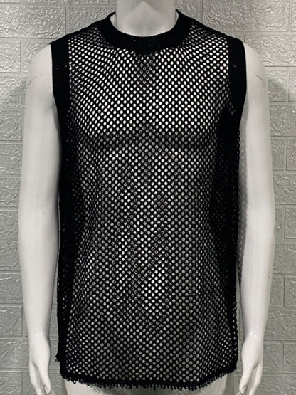 Men's Solid Color Round Neck Sleeveless Hollow Knitted Tank Top