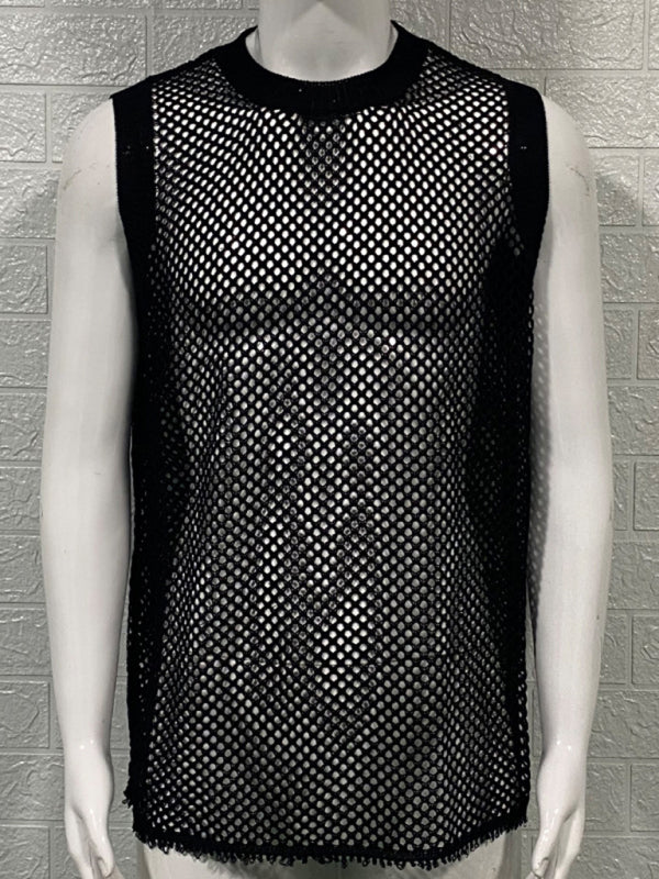 Men's Solid Color Round Neck Sleeveless Hollow Knitted Tank Top