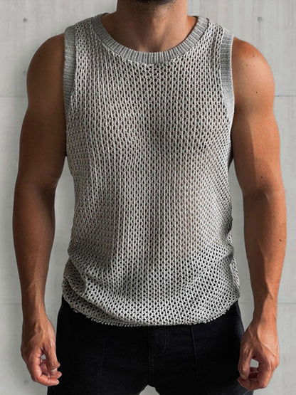 Men's Solid Color Round Neck Sleeveless Hollow Knitted Tank Top