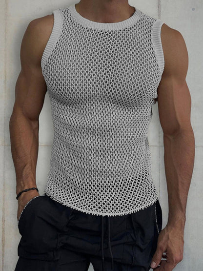 Men's Solid Color Round Neck Sleeveless Hollow Knitted Tank Top