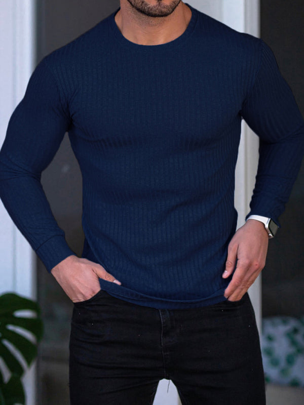 Fitness Casual Elastic Vertical Stripe Round Neck Long-sleeved T-shirt