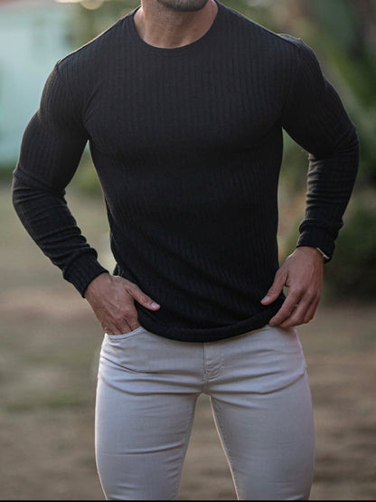 Fitness Casual Elastic Vertical Stripe Round Neck Long-sleeved T-shirt