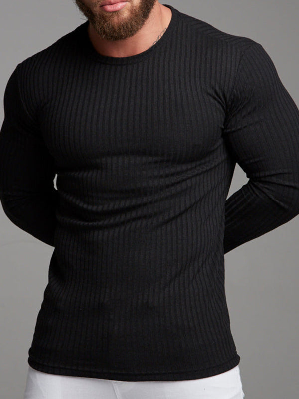 Fitness Casual Elastic Vertical Stripe Round Neck Long-sleeved T-shirt