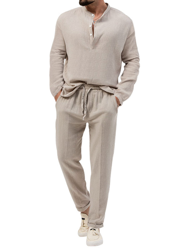 Men's Solid Color Casual Long-sleeved Shirt & Pant Set