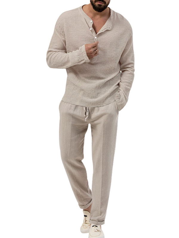 Men's Solid Color Casual Long-sleeved Shirt & Pant Set