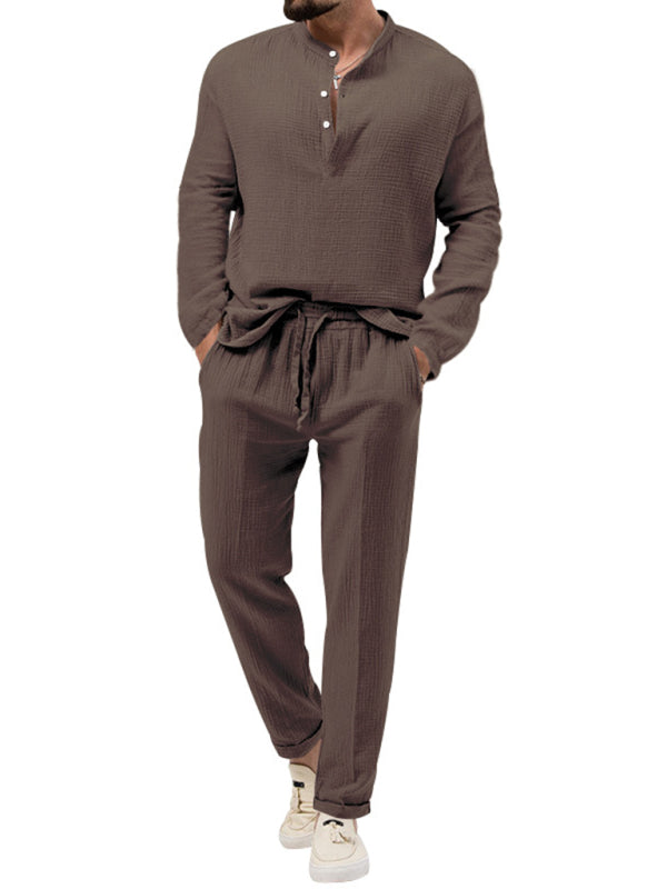 Men's Solid Color Casual Long-sleeved Shirt & Pant Set