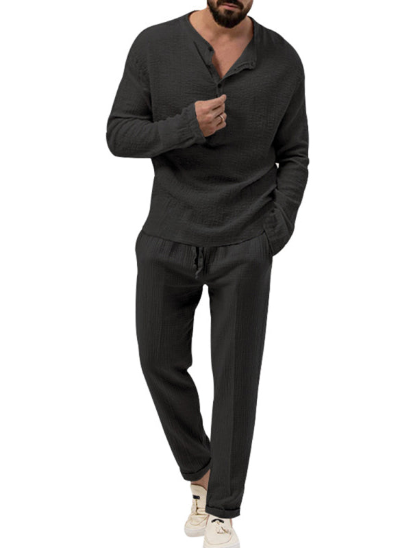 Men's Solid Color Casual Long-sleeved Shirt & Pant Set