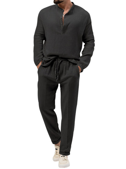 Men's Solid Color Casual Long-sleeved Shirt & Pant Set