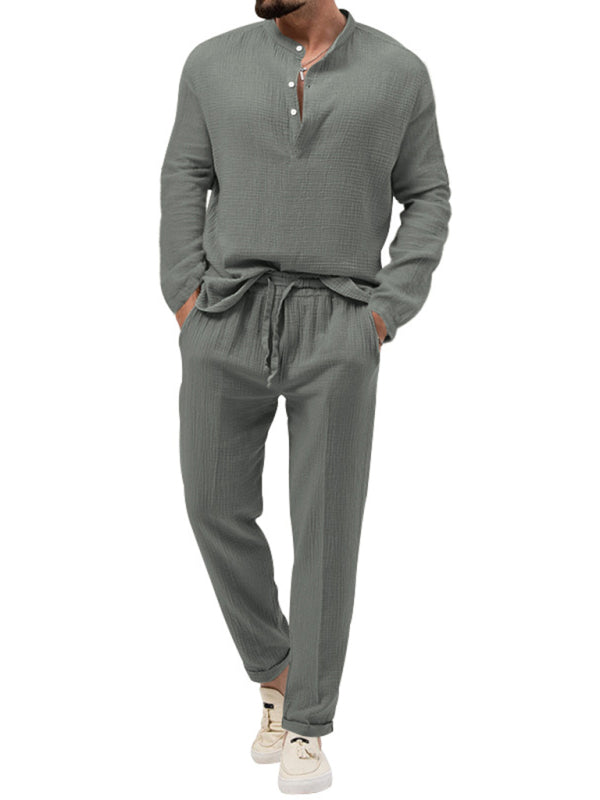 Men's Solid Color Casual Long-sleeved Shirt & Pant Set