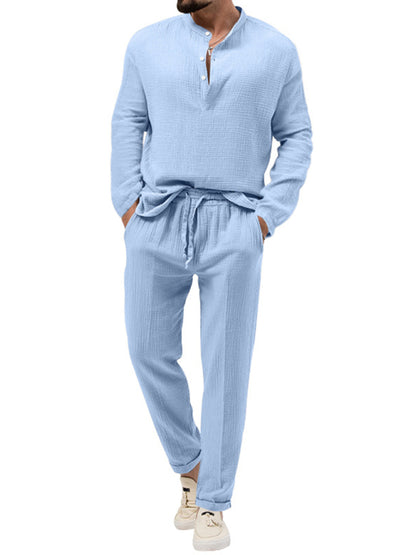 Men's Solid Color Casual Long-sleeved Shirt & Pant Set