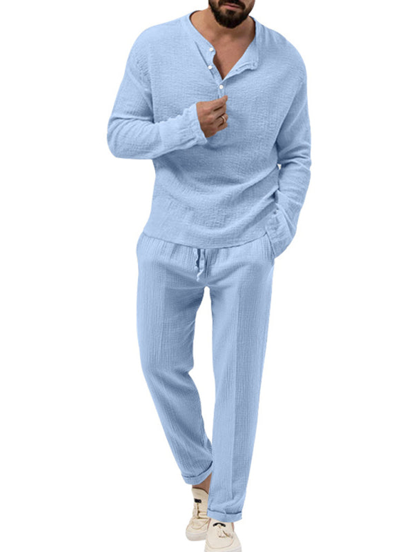 Men's Solid Color Casual Long-sleeved Shirt & Pant Set