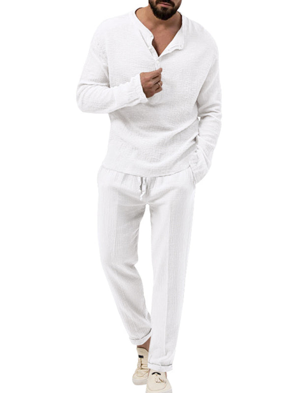 Men's Solid Color Casual Long-sleeved Shirt & Pant Set