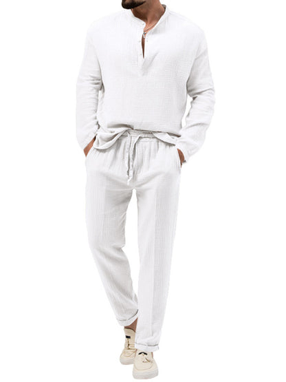 Men's Solid Color Casual Long-sleeved Shirt & Pant Set