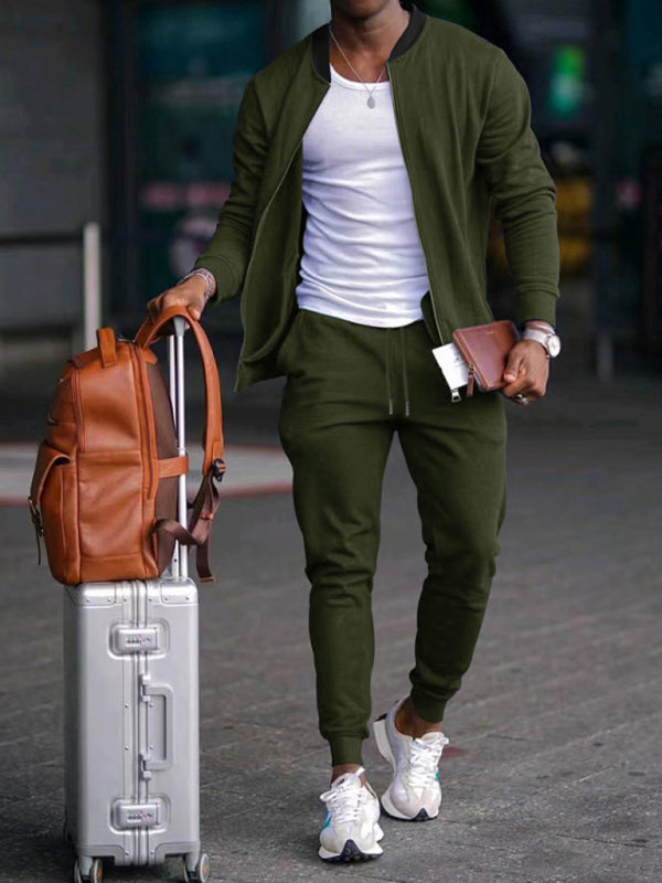 Men's Casual Solid Color Baseball Collar Tracksuit Set