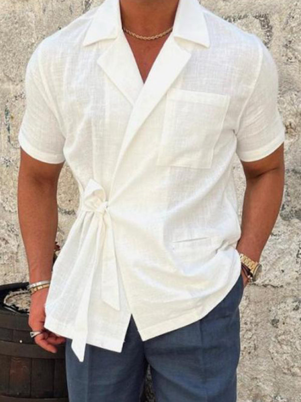 Men's Solid Color Lap Lace-up Short Sleeve Shirt