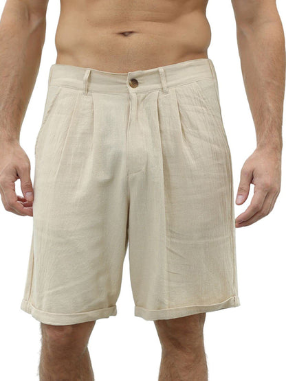 Men's Casual Beach Shorts with Buttons and Elastic Waist