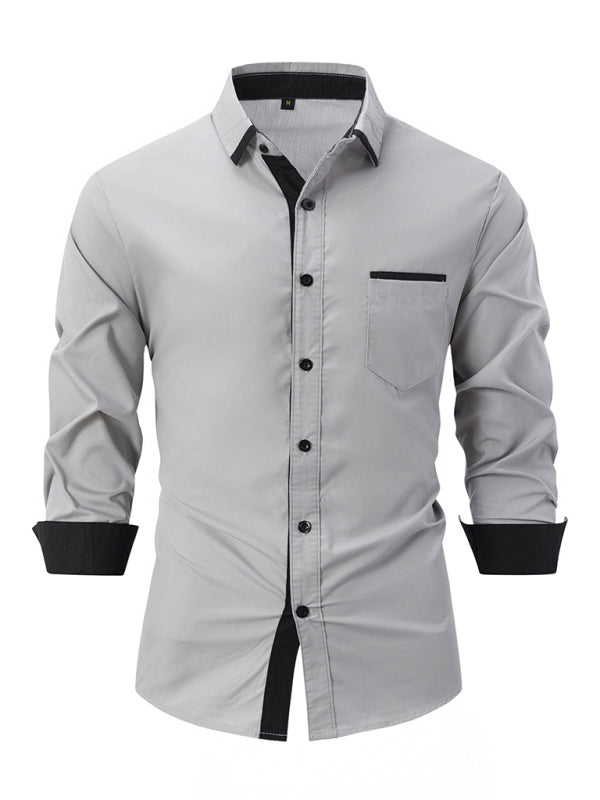 Men's Color Block Business Slim Casual Shirt Long Sleeve Shirt