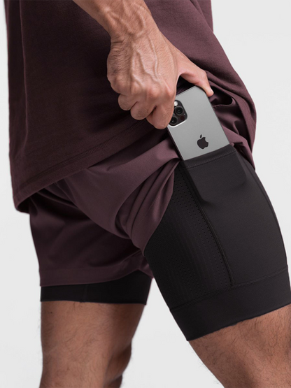 Men's Double Layer Sports Breathable Tech Pocket Shorts