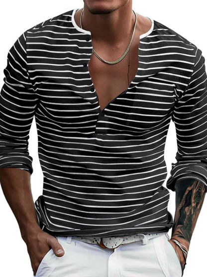 Long Sleeve Henley Shirt Casual Horizontal Striped Henley T-Shirt