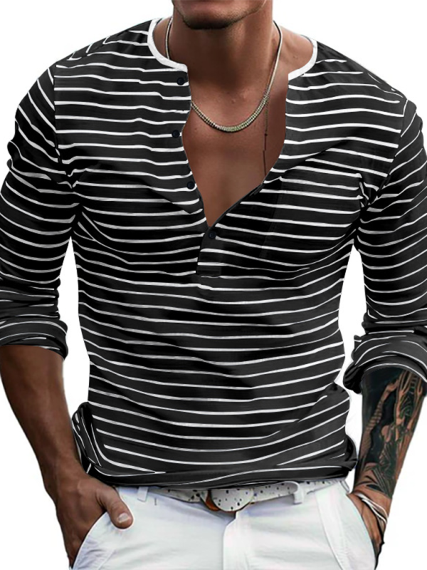 Long Sleeve Henley Shirt Casual Horizontal Striped Henley T-Shirt