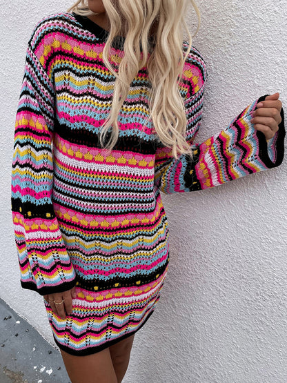 Pullover Rainbow Stripe Mini Sweater Dress