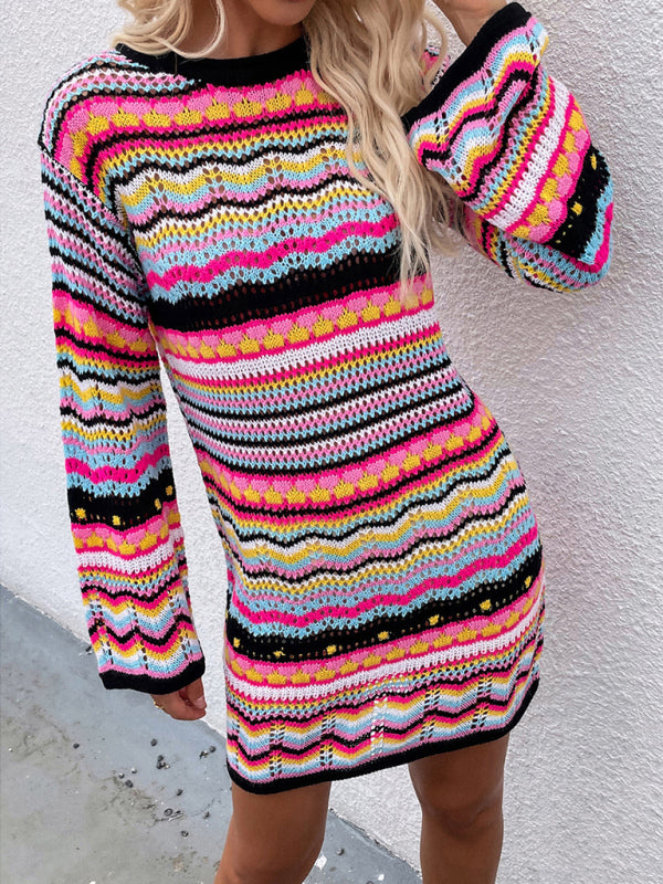 Pullover Rainbow Stripe Mini Sweater Dress