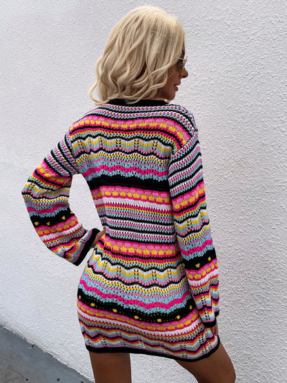 Pullover Rainbow Stripe Mini Sweater Dress