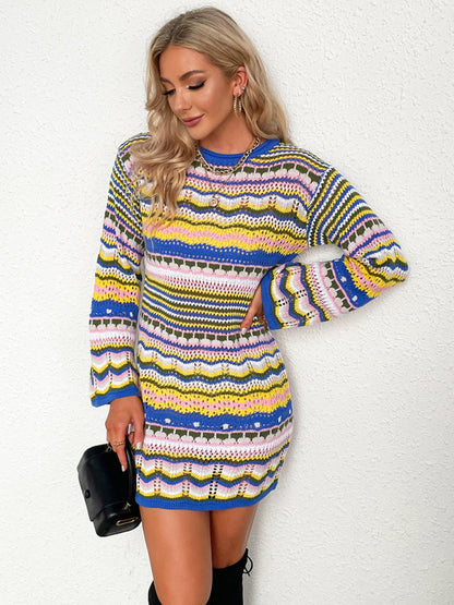 Pullover Rainbow Stripe Mini Sweater Dress