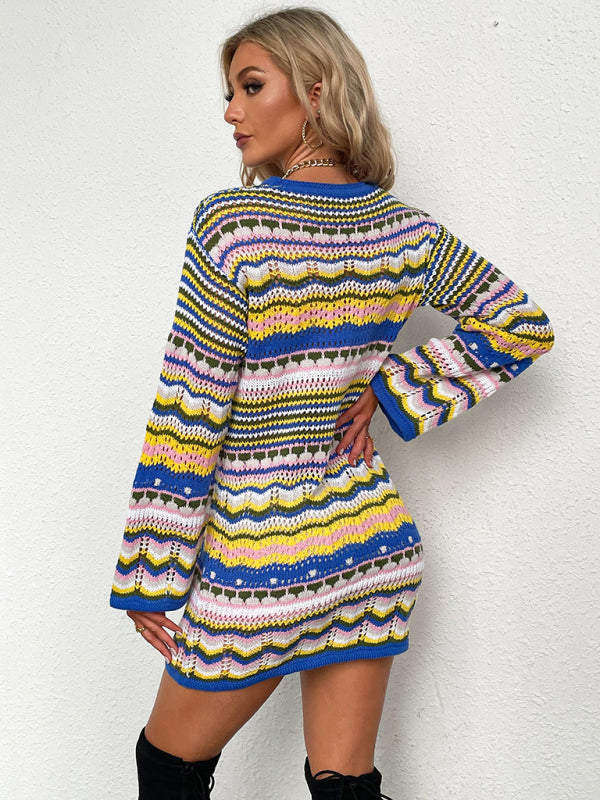 Pullover Rainbow Stripe Mini Sweater Dress